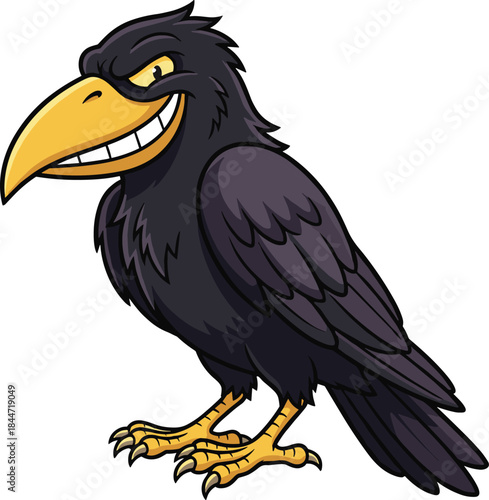 Cartoon black crow with yellow beak, mischievous grin, sly expression, funny bird character, flat vector illustration, humorous animal design