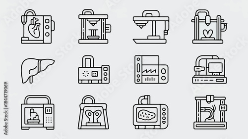 Medical and 3D printing equipment icons set