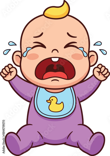 Cartoon crying baby in purple onesie, blue bib, yellow duck, emotional expression, flat vector illustration, parenting theme, toddler tantrum
