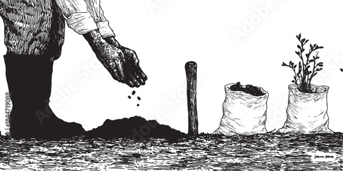 Gardening sowing seeds into the soil by hand. Black and white vector illustration depicting planting in a simple and flat style.