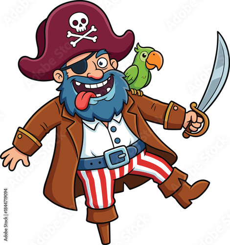 Cartoon pirate with maroon hat, blue beard, eye patch, peg leg, parrot, sword, striped pants, flat vector illustration