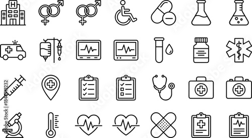 Modern medical healthcare icon set with hospital equipment symbols, emergency signs, diagnostic tools, wellness elements, professional treatment visuals for clinical use