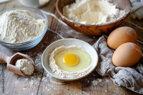 Wallpaper Mural Close-up of egg yolk atop flour mound on plate, set in natural lighting. Background with eggshells and dough ingredients. Neural network AI generated Torontodigital.ca