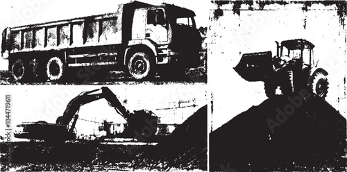 Truck and excavator silhouettes in a construction site. Black and white vector illustration of heavy machinery and equipment set.
