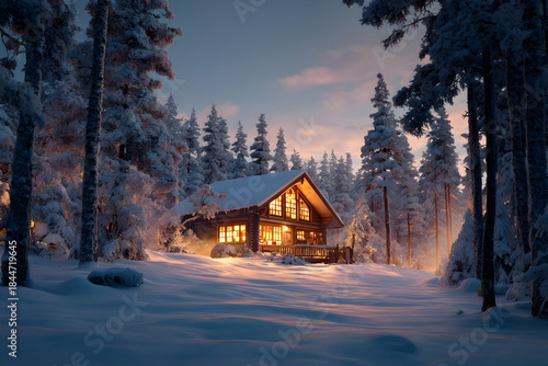 Cozy rustic log cabin in winter forest with warm orange illumination