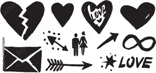 Love and relationship doodles featuring hearts, arrows, and couples. Black vector illustration set for expressing emotions and connections.