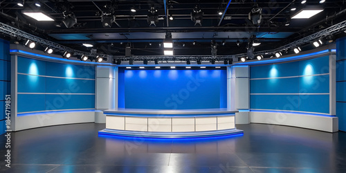 Empty professional television studio set with bright lighting modern stage design ready for broadcasting