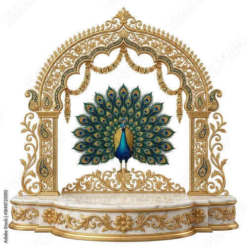 Obraz Ornate Golden Archway With Peacock On Marble Stage White Background bird isolated on a transparent background