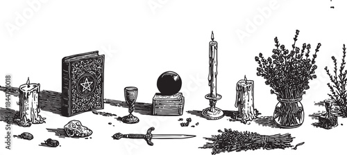 Magic book and candles on an altar. Gothic vector illustration featuring a set of mystical elements, including a sword, crystal, and herbs.