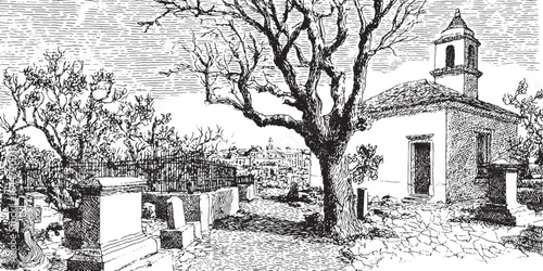 Cemetery scene featuring tombstones and a bare tree. Black and white vector illustration depicting a vintage landscape set.