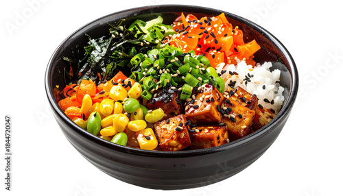 Spicy Crispy Tofu Poke Bowl with Edamame Corn Carrots and Sesame Seeds Isolated Transparent Background