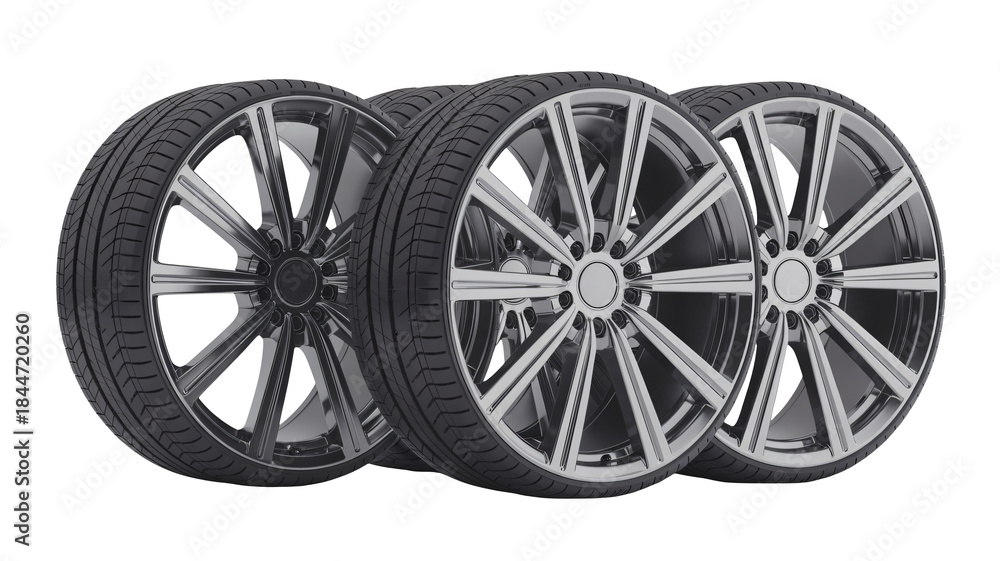 Fototapeta premium Stacked Car Wheels with Tires on White Background