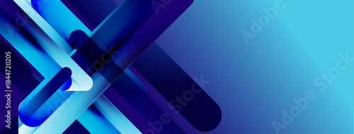 Abstract geometric shapes, vibrant blues, dynamic composition. Modern design suggests technology, innovation, future concepts. Clean lines, gradients present.