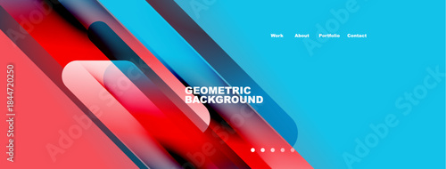 Abstract geometric background features vibrant blue, red gradients. Navigation links present work, about, portfolio, contact. Modern design elements visible.