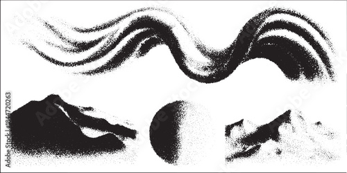 Abstract vector illustration featuring dynamic shapes and textures. Modern design includes waves, circles, and mountains in a cohesive set.