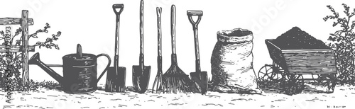 Gardening tools set: shovel, rake, watercan, and wheelbarrow in a black illustration. Simple vector art representing outdoor equipment.