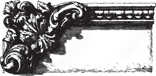 Decorative frame in ornate design with black and white details. Vintage vector illustration showcases a classic cornice set.