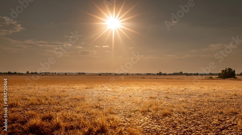 Blazing sun casting intense heat over scorched Earth, highlighting effects of global warming