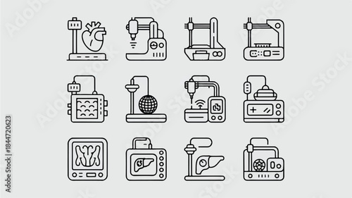 Set of 3D printing technology icons  medical and industrial applications