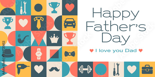 Fathers Day background with modern masculine Icons and geometric shapes. Greeting card, geometric pattern, poster.