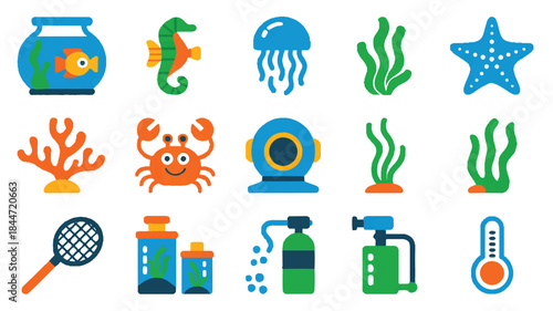 Aquarium and marine life icons set
