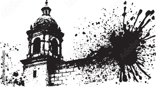 Building silhouette with splash effect in black and white. Grunge vector illustration showcasing historical architecture and design elements.