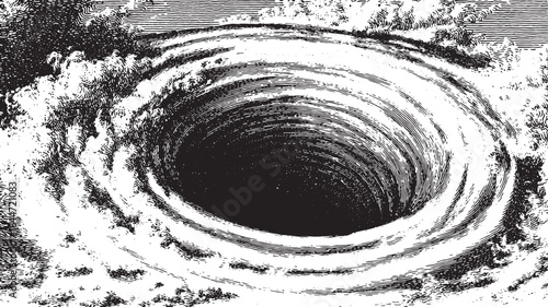 Vortex hole illustrated in black and white. Waves surround the circular void with detailed line art, creating a striking vector illustration.
