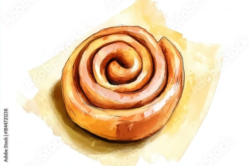 Watercolor cinnamon roll illustration with swirls and golden brown texture