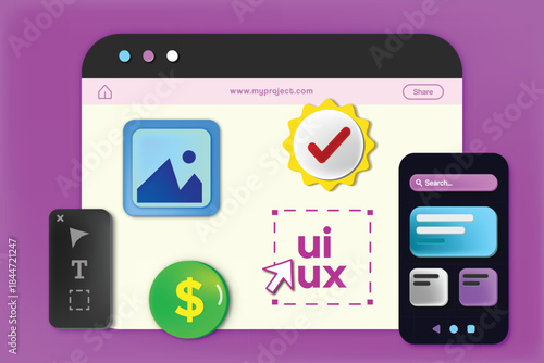 3D UI UX concept illustration. Mobile computer screen. Web design. Interface template. Vector art. Designing screens. 
