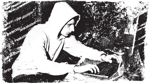 Hacker working on a laptop for coding and cybersecurity tasks. Monochrome vector illustration with a grunge style background.