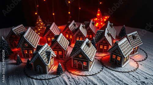 Fototapeta Naklejka Na Ścianę i Meble -  Magical Miniature Gingerbread House Village with Powdered Sugar Snow and Warm Glowing Windows on a Dark Festive Background