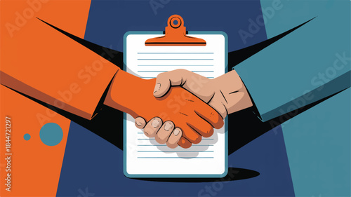Business handshake with clipboard and document