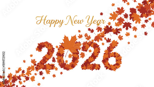 2026 Happy New Year floral leaf design, golden cursive typography, autumn celebration, festive greeting vector, seasonal clipart