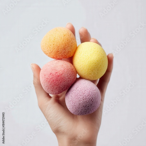 Hand holding colorful konjac sponges for skincare and exfoliation