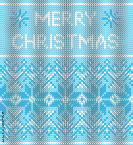 Christmas knitted background with blue border seamless pattern