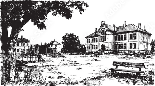 Deserted school building and playground set with tree. Black and white architectural vector illustration, capturing a vintage urban landscape.