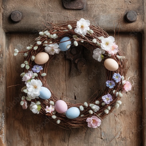 Rustic spring wreath with eggs and flowers on wooden door