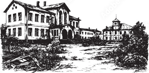 Abandoned building sketch in black and white. Detailed vector illustration of urban architecture with overgrown nature in a set style.
