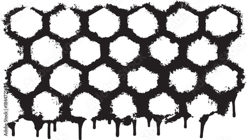 Honeycomb pattern with a black grunge texture. Digital illustration with droplets, perfect for modern vector design and backgrounds.