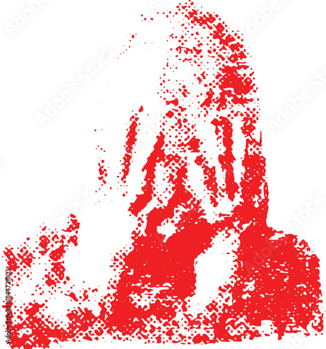 Abstract red silhouette of a face with hands covering the expression. Unique vector illustration with minimal design elements.