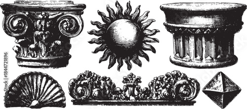 Decorative art deco elements including pillars and a sun design. Vintage vector illustration set with intricate details and textures.