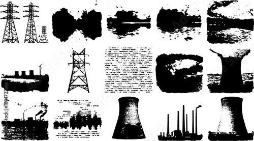 Energy production in set with vintage style illustration. Black and white vector drawings of towers, factories, and smoke outlines.