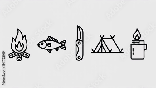 Camping icons set for outdoor adventure