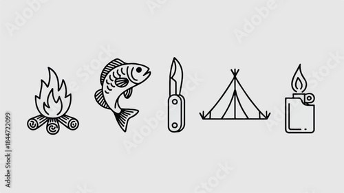 Camping icons set for outdoor adventure