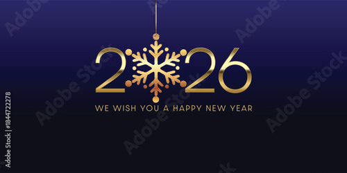 Luxury New Year 2026 Greeting Card with Gold Snowflake on Dark Blue Background