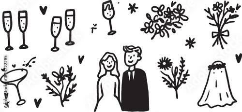 Wedding couple with flowers and champagne glasses. Simple vector illustration capturing a joyful celebration set.