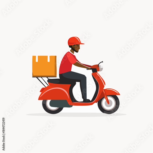 Efficient African American Male Courier Riding Red Scooter with Package, isolated white background.