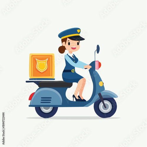 Dedicated female police officer riding a blue scooter and delivering a secure package, on an isolated white background.
