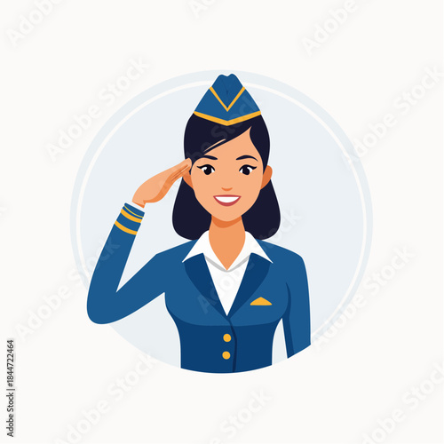 Respectful Young Female Flight Attendant Saluting, in bright studio.