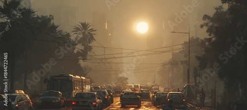 A scorching urban cityscape under relentless sunlight, highlighting heatwaves and global warming effects